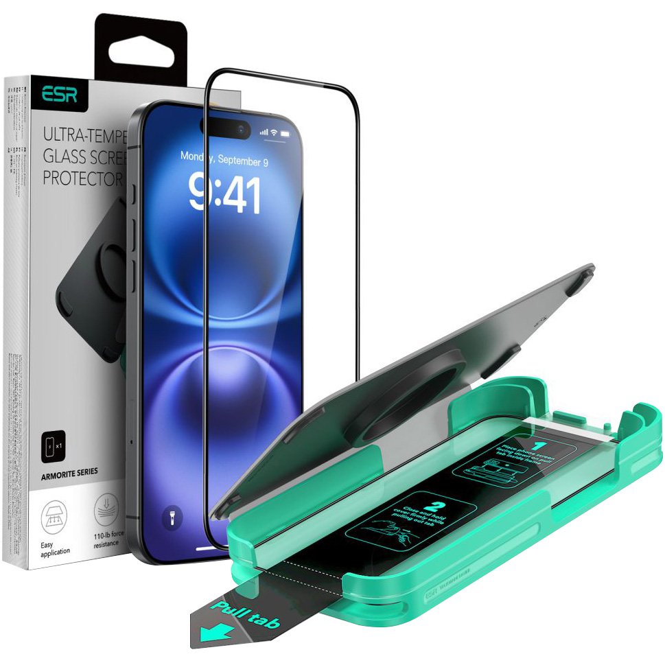 ESR 3 Pack 9H+ Glass for iPhone 17/iPhone 16 Pro Screen Protector, [Military-Grade Shatterproof], with AR Anti-Reflective Technology, Armorite Ultra-Tough Tempered Glass with Ultra Fit Tray product image