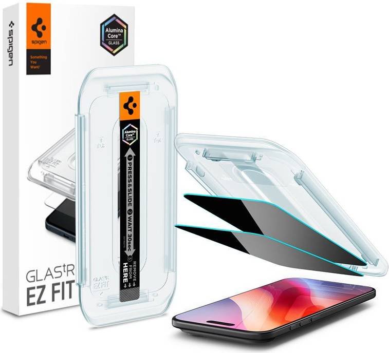 Spigen AluminaCore Tempered Glass Screen Protector [Glas.tR EZ Fit - Privacy] designed for iPhone 17 Pro | iPhone 17 | iPhone 16 Pro [2 Pack] 9H+ Hardness, Aluminum-Enhanced Durability product image