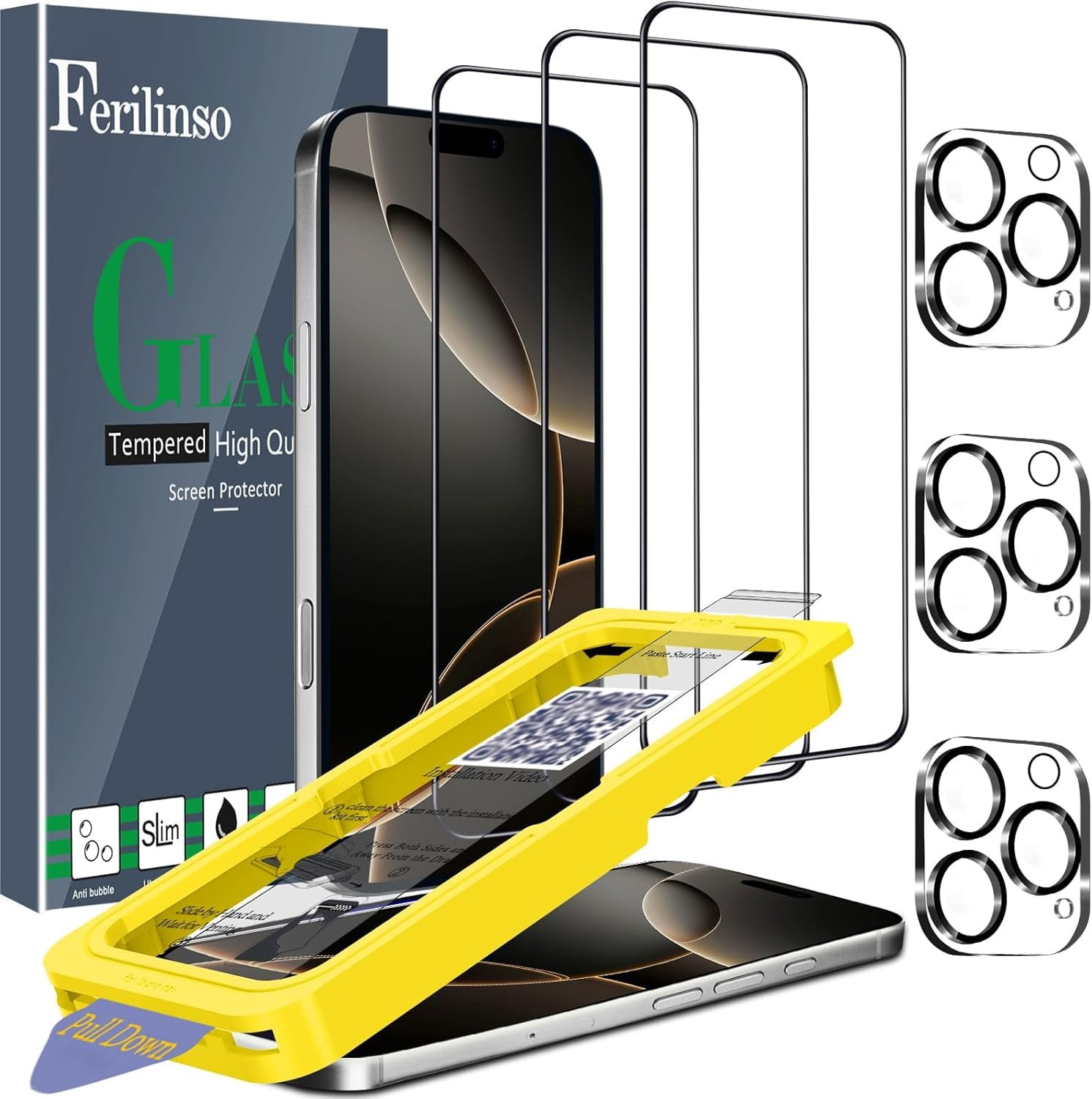 Ferilinso Auto-Dust-Install 3 Pack Privacy Screen Protector for iPhone 17 Pro Max with (Private Accessories)-Metal Aluminum Alloy Camera Lens Protector, Tempered Glass Cover, Case Friendly product image