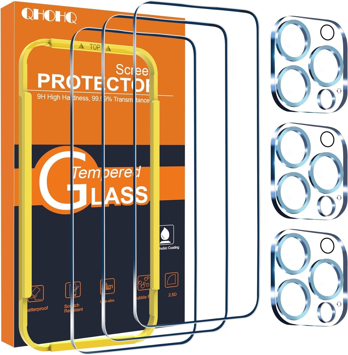 QHOHQ [1-Second Auto-Install] 3 Pack Screen Protector for iPhone 17 + 1 Set Camera Lens Protector, 9H+ Shatterproof Tempered Glass, [12FT Military Grade Protection], Anti-Fingerprint, Case Friendly product image