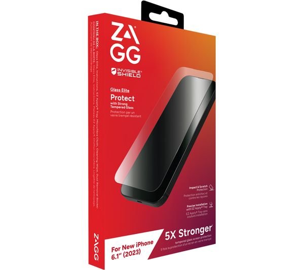 ZAGG InvisibleShield Glass Elite Screen Protector for iPhone 15, Aluminosilicate Glass, Reinforced Edges, Smudge-Resistant, EZ Apply Tray product image