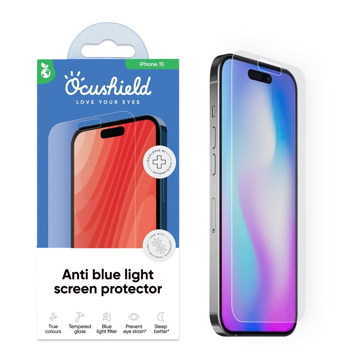 Ocushield Anti Blue Light Screen Protector for iPhone 15, Tempered Glass, 9H Hardness, Case Friendly product image