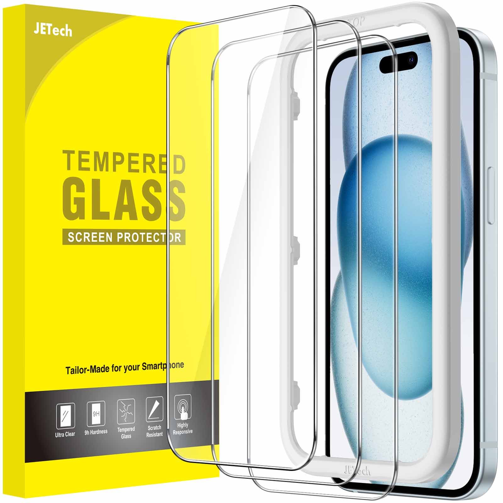 JETech 3-Pack Tempered Glass Screen Protector for iPhone 15 6.1 inch, 9H, Easy Installation Tool, Case Friendly, HD Clear product image