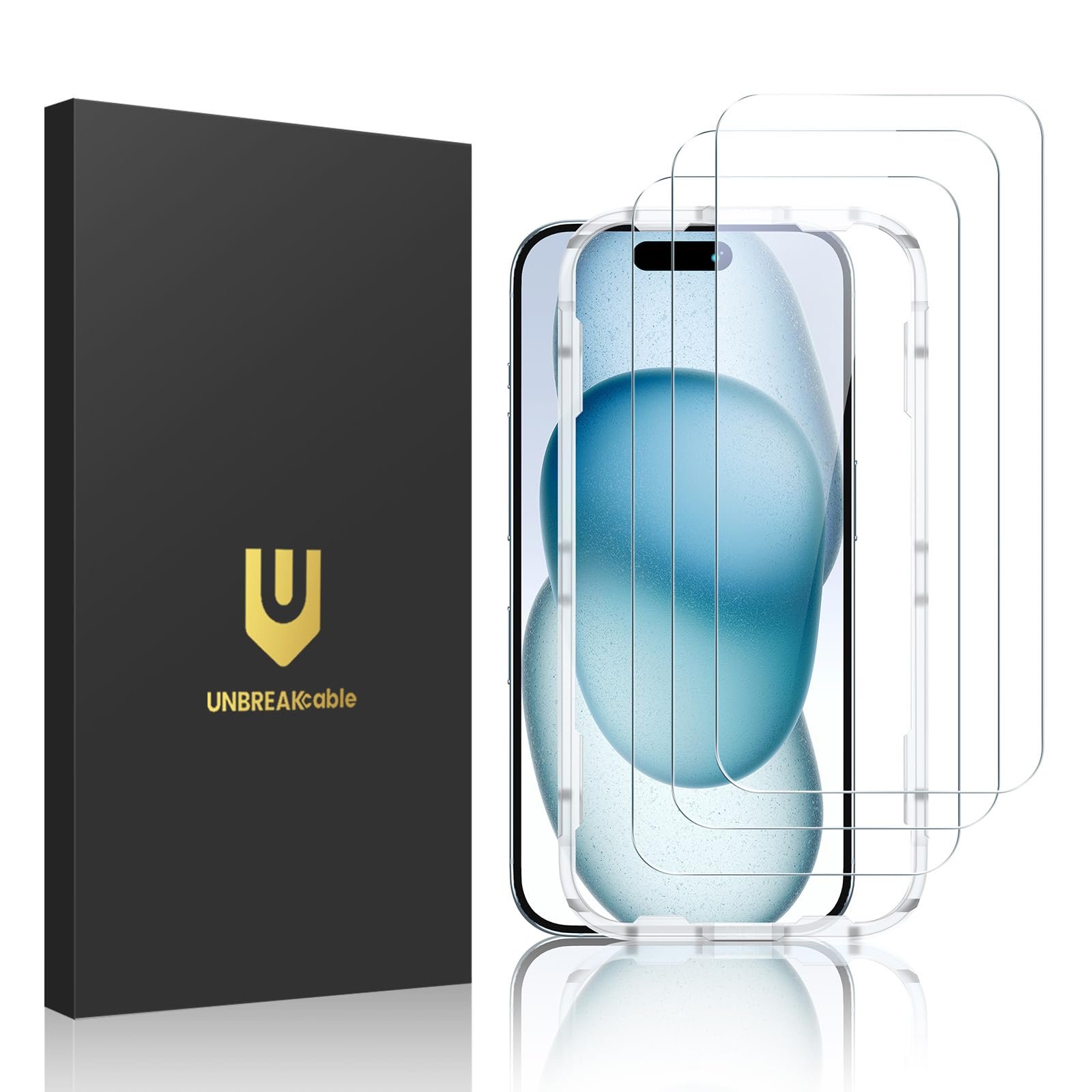 UNBREAKcable 2-Pack Screen Protector for iPhone 15 6.1 inch, Double Shatterproof 9H Tempered Glass, Easy Installation Frame, Anti-Fingerprint, Case Friendly product image