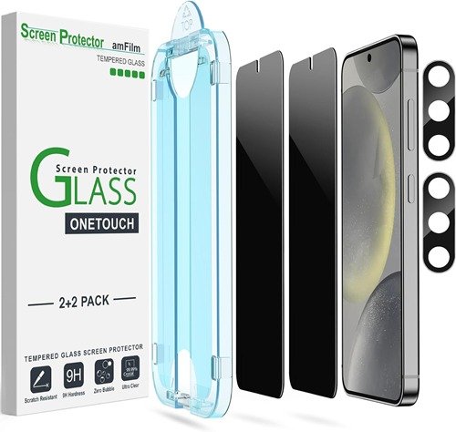 amFilm OneTouch Privacy Tempered Glass Screen Protector for Samsung Galaxy S24, [2+2 Pack] 9H Anti-Spy product image