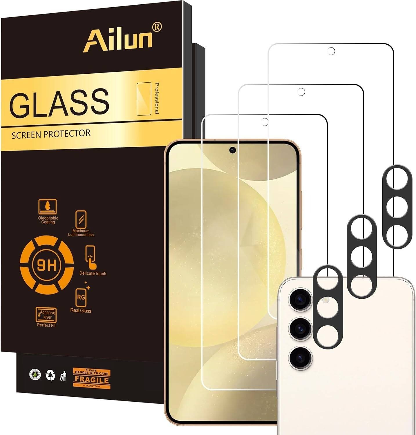Ailun Glass Screen Protector for Galaxy S24 3 Pack + 3 Pack Camera Lens Tempered Glass Fingerprint Unlock 0.25mm Ultra Clear Anti-Scratch Case Friendly [Not For S24 Ultra] product image