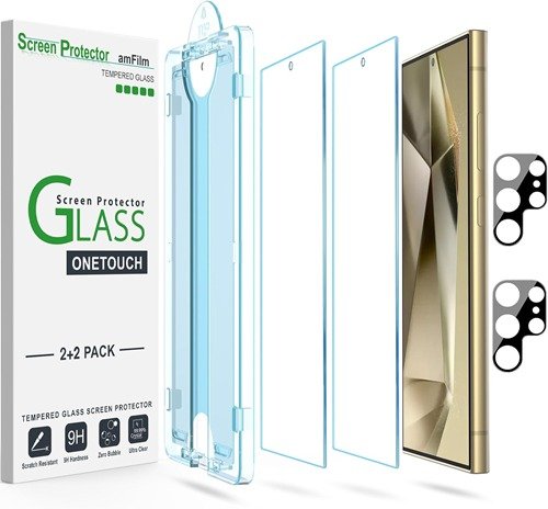 amFilm Auto-Alignment OneTouch for Samsung Galaxy S24 Ultra 6.8'' Screen Protector + Camera Lens Protector, Tempered Glass, 30 seconds Installation, Bubble Free, Case Friendly, Anti-Scratch [2+2 Pack] product image