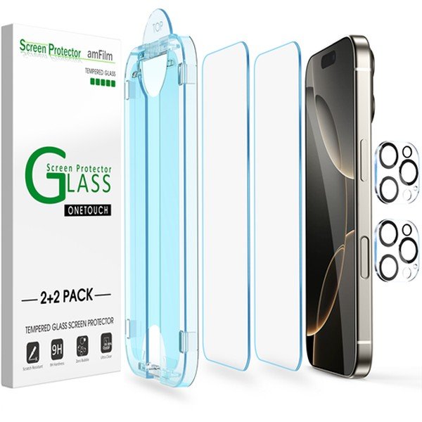 amFilm OneTouch Auto-Alignment Tempered Glass Screen Protector for iPhone 16 Pro, 2+2 Pack product image
