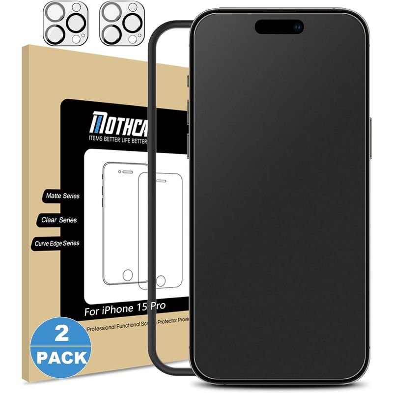 Mothca Matte 2+2 Pack Tempered Glass Screen Protector for iPhone 15 Pro 6.1-inch, Anti-Glare and Anti-Fingerprint, 9H Hardness, Installation Frame product image