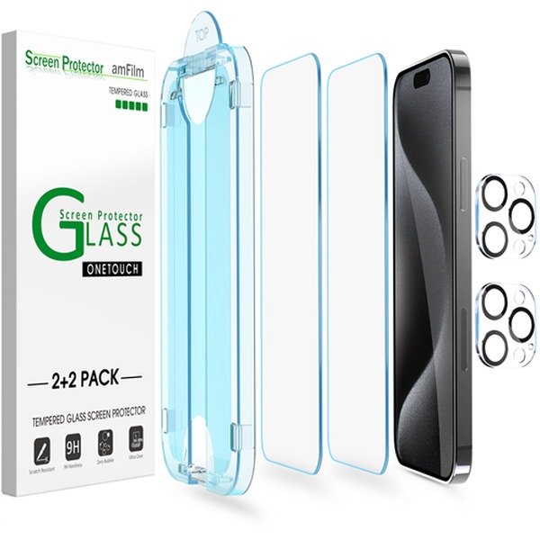 amFilm OneTouch 2+2 Pack Compatible with iPhone 15 Pro 6.1-inch, Tempered Glass Screen Protector + Camera Lens Protector, Auto-Alignment Tray, 9H, Case Friendly product image