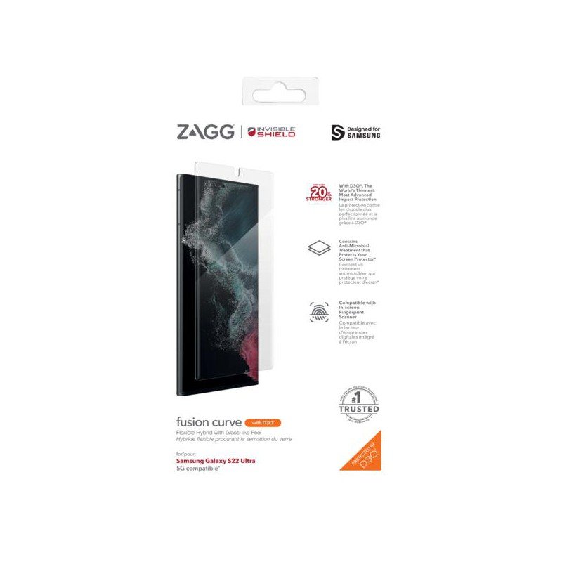 ZAGG InvisibleShield Fusion Curve Screen Protector for Samsung Galaxy S22 Ultra 5G, Flexible Hybrid Polymer with D3O Impact Protection product image