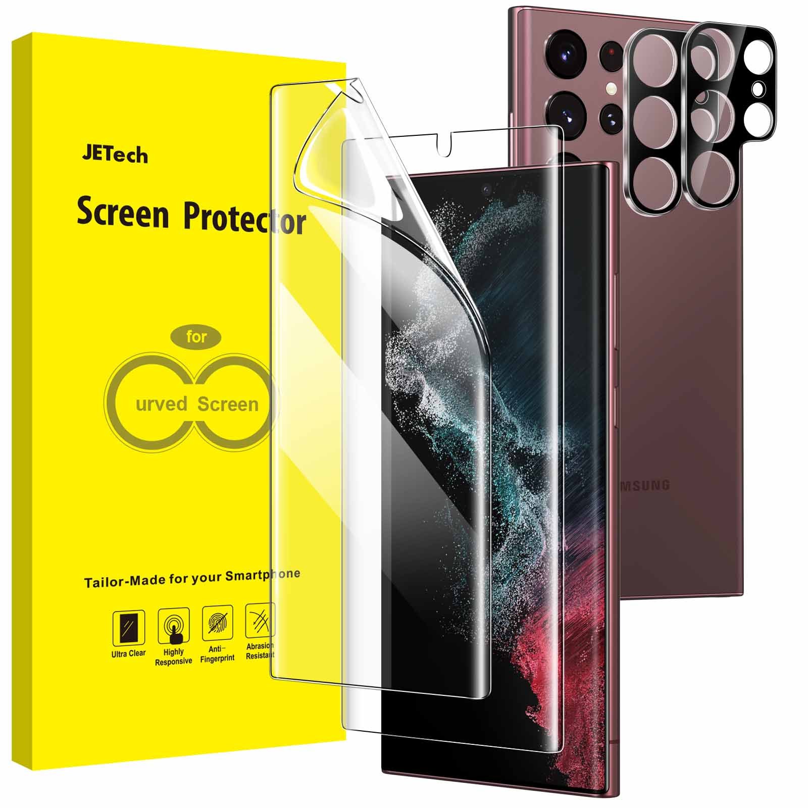 JETech Screen Protector for Samsung Galaxy S22 Ultra 5G 6.8-Inch with Camera Lens Protector, Flexible TPU Film, 2-Pack Each product image