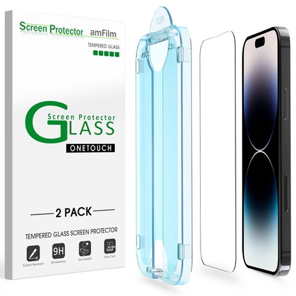 amFilm OneTouch Screen Protector for iPhone 14 Pro Max 6.7 inch, Easy Installation Kit, Tempered Glass, 2 Pack product image