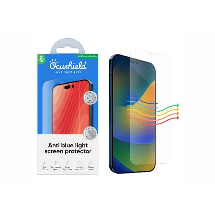 Ocushield Anti Blue Light Tempered Glass Screen Protector for iPhone 14 Pro Max (6.7") - Blocks Blue Light, Prevents Eye Strain & Helps You Sleep Better, 9H Hardness & Case Friendly product image