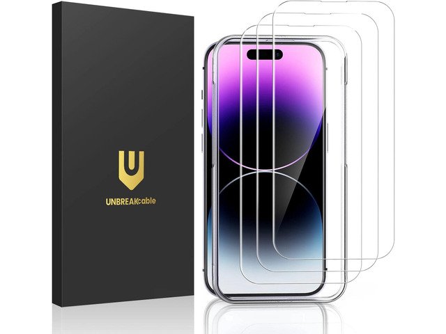 UNBREAKcable 3-Pack Screen Protector for iPhone 14 Pro Max, Double Shatterproof Tempered Glass, Easy Installation Frame, 9H Hardness, HD Clear product image