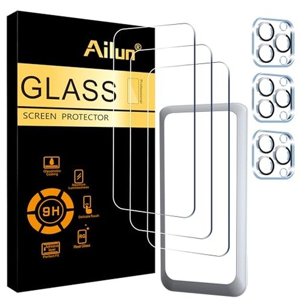 Ailun 3 Pack Screen Protector for iPhone 15 Pro Max [6.7 inch] + 3 Pack Camera Lens Protector, Sensor Protection, Dynamic Island Compatible, Case Friendly Tempered Glass Film, [9H Hardness] - HD product image