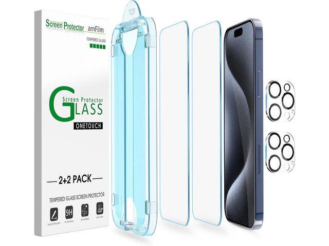 amFilm Auto-Alignment OneTouch for iPhone 15 Pro Max [6.7''] Screen Protector + Camera Lens Protector, Tempered Glass, 30 Seconds Installation, Bubble Free, Case Friendly, Anti-Scratch 2 Pack product image