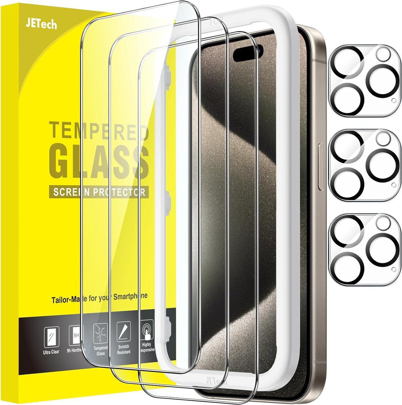JETech Screen Protector for iPhone 15 Pro Max 6.7-Inch, Tempered Glass Film with Easy Installation Tool, Case-Friendly, HD Clear, 3-Pack product image