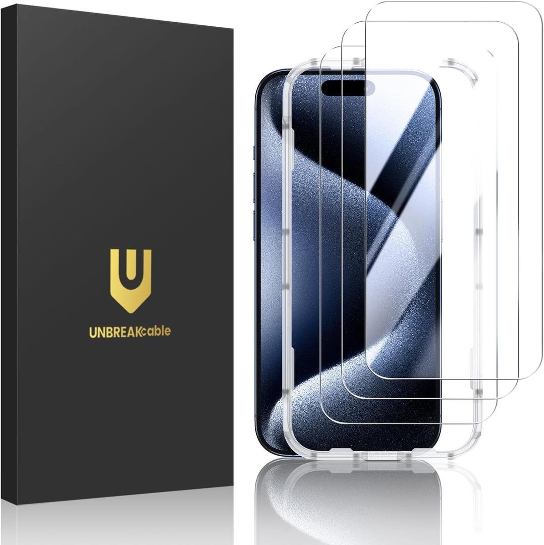 UNBREAKcable 3-Pack Screen Protector for iPhone 15 Pro Max, Double Shatterproof Tempered Glass [Easy Installation Frame] [HD Clear] [9H Hardness] [Full Coverage] for iPhone 6.7 inch product image