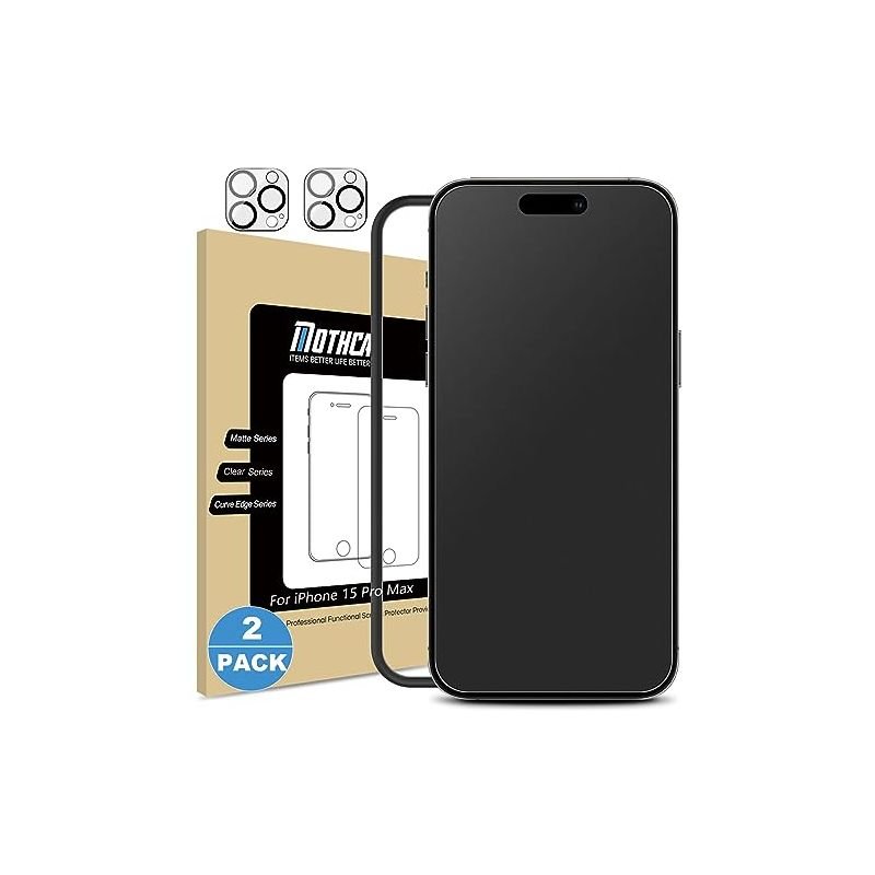 Mothca 2 Pack Matte Glass Screen Protector for iPhone 15 Pro Max [6.7 inch] + 2 Pack Camera Lens Protector, Anti-Glare & Anti-Fingerprint Case Friendly Tempered Glass Film, Bubble Free, Smooth as Silk product image
