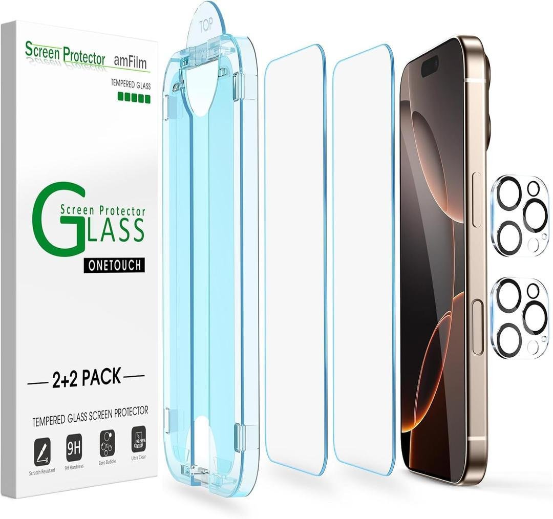 amFilm OneTouch Tempered Glass Screen Protector for iPhone 16 Pro Max, 2+2 Pack product image