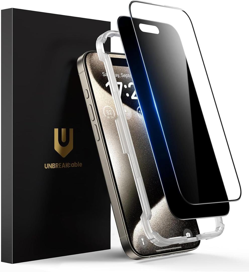UNBREAKcable Privacy Screen Protector for iPhone 15 Pro Max, Anti-Spy Tempered Glass [True 28°Anti Spy] [9H Hardness] [Easy Installation Frame], 2 Pack product image