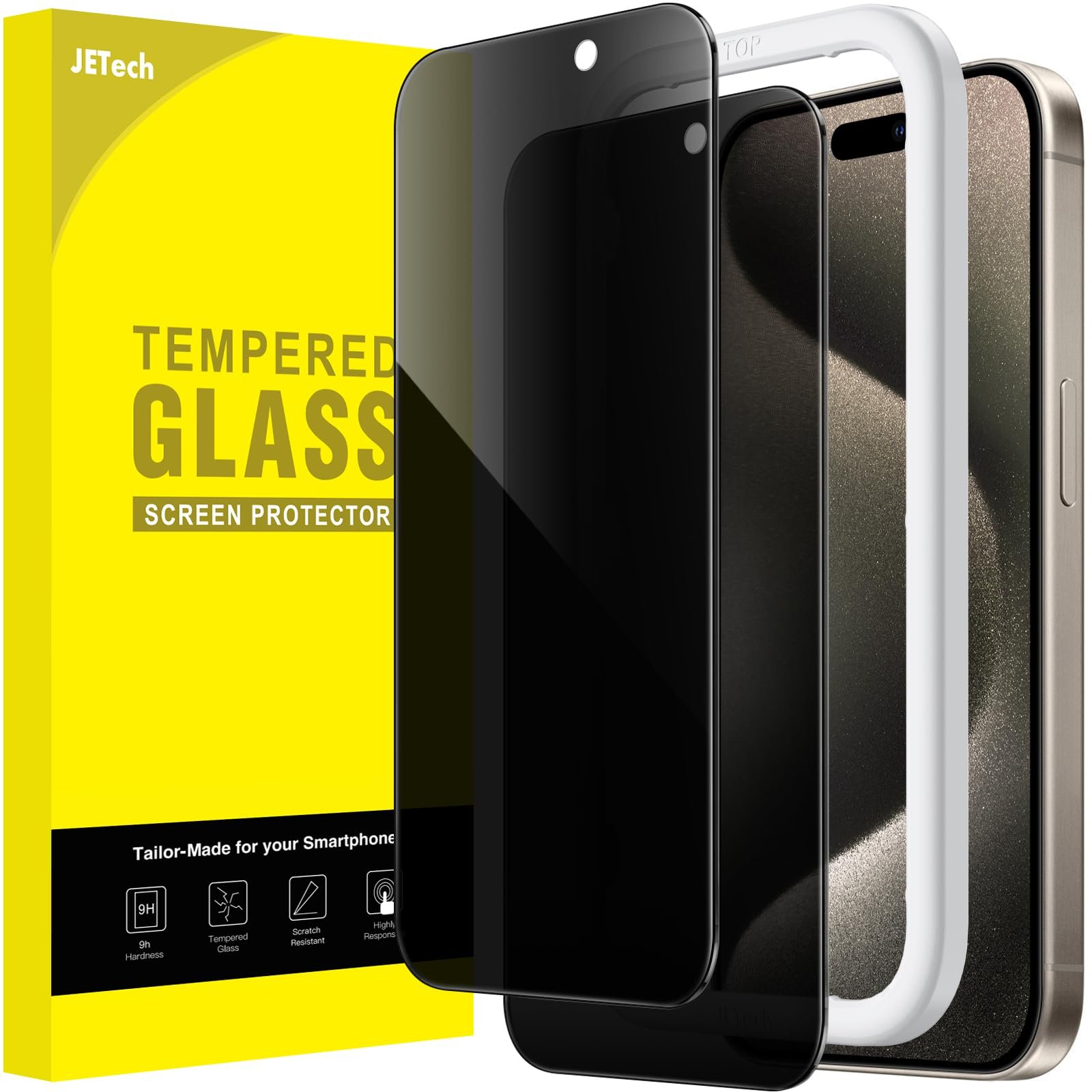 JETech Privacy Screen Protector for iPhone 15 Pro Max 6.7-Inch, Anti-Spy Tempered Glass Film with Easy Installation Tool, 2 Pack Screen Protector + 2 Pack Camera Lens Protector product image