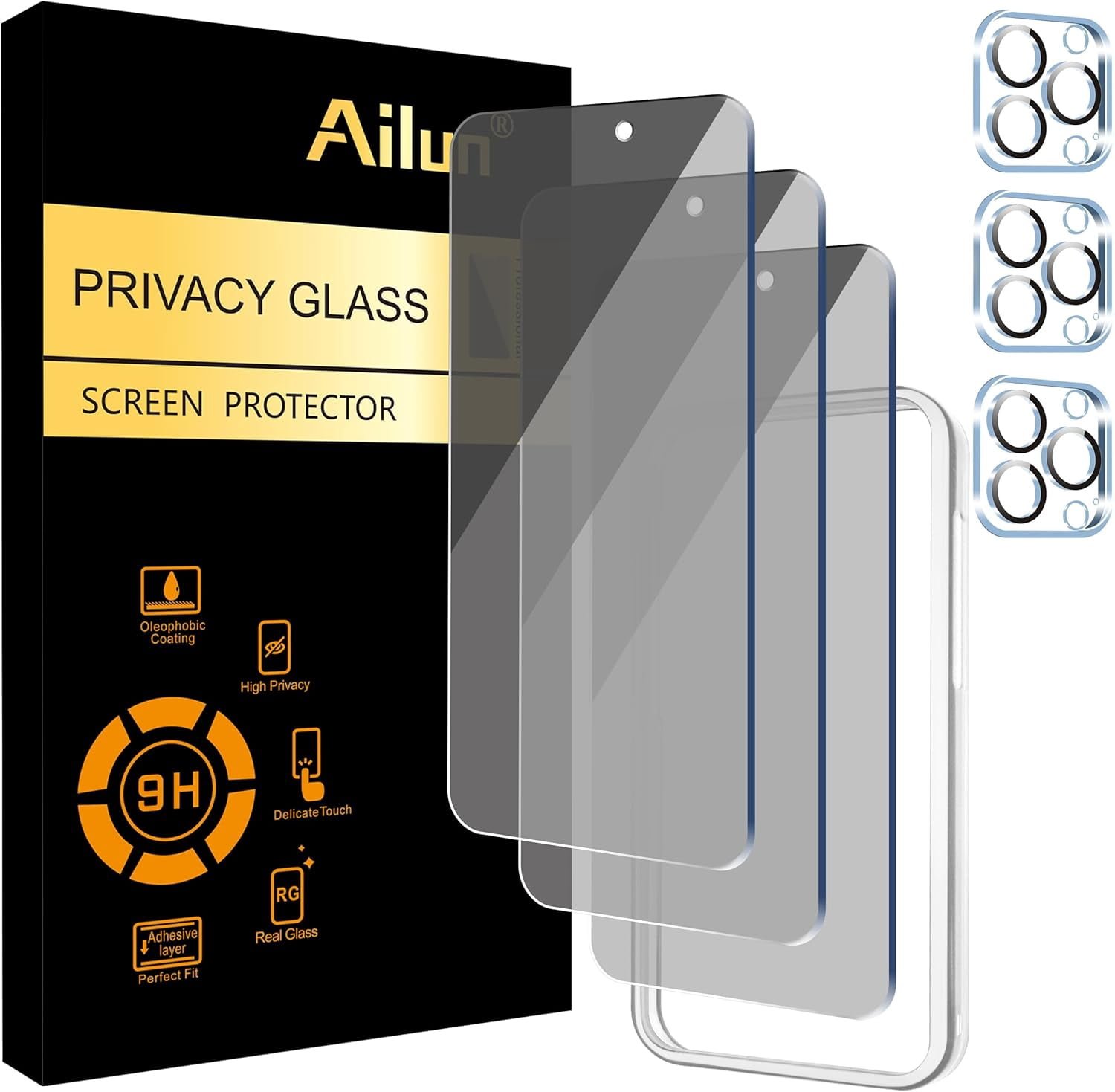 Ailun 3Pack Privacy Screen Protector for iPhone 15 Pro Max [6.7 inch]+3Pack Camera Lens Protector with Installation Frame product image