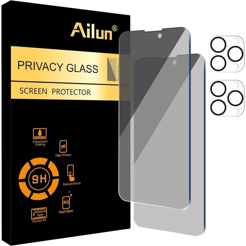 Ailun 2Pack Privacy Screen Protector Compatible for iPhone 14 Pro Max [6.7 inch] + 2 Pack Camera Lens Protector, Anti Spy Private Tempered Glass Film, Case Friendly, [9H Hardness] - HD product image