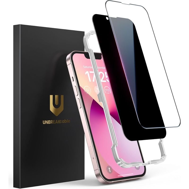 UNBREAKcable 2PCS Screen Protector for iPhone 14 Pro Max - 1 Privacy Tempered Glass + 1 Clear Glass, Double Shatterproof, Installation Frame, 9H Hardness, Case Friendly product image