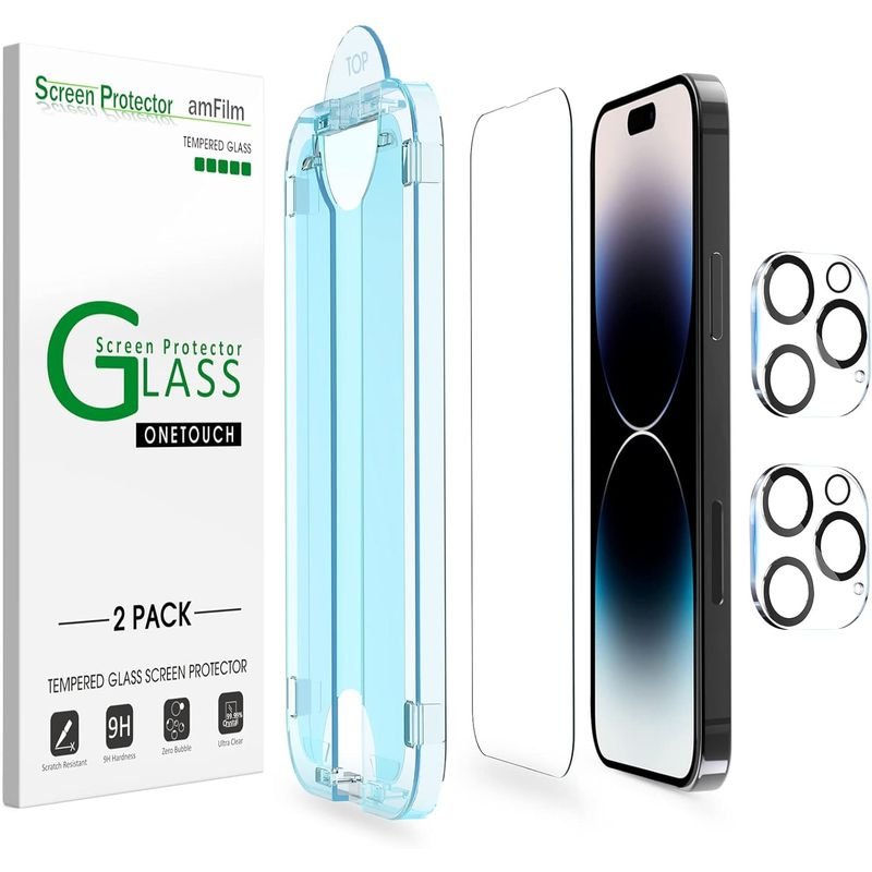 amFilm 2 Pack Tempered Glass Screen Protector + Camera Lens Protector for iPhone 14 Pro Max 6.7 Inch, Easy OneTouch Installation, Auto-Alignment, Bubble Free, Case Friendly, Anti-Scratch product image