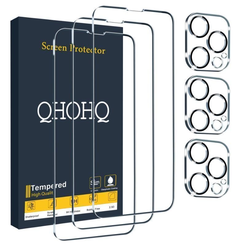 QHOHQ 3 Pack Screen Protector for iPhone 14 Pro Max 6.7 Inch with 3 Pack Tempered Glass Camera Lens Protector, Ultra HD, 9H Hardness, Scratch Resistant, Case Friendly product image