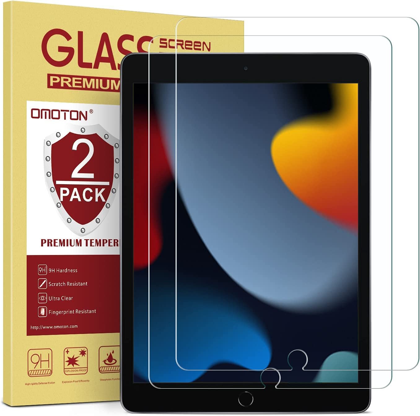[2 Pack] OMOTON Screen Protector Compatible with iPad 9th 8th 7th Generation (10.2 Inch, iPad 9/8/7, 2021/2020/2019) Tempered Glass/Apple Pencil Compatible product image