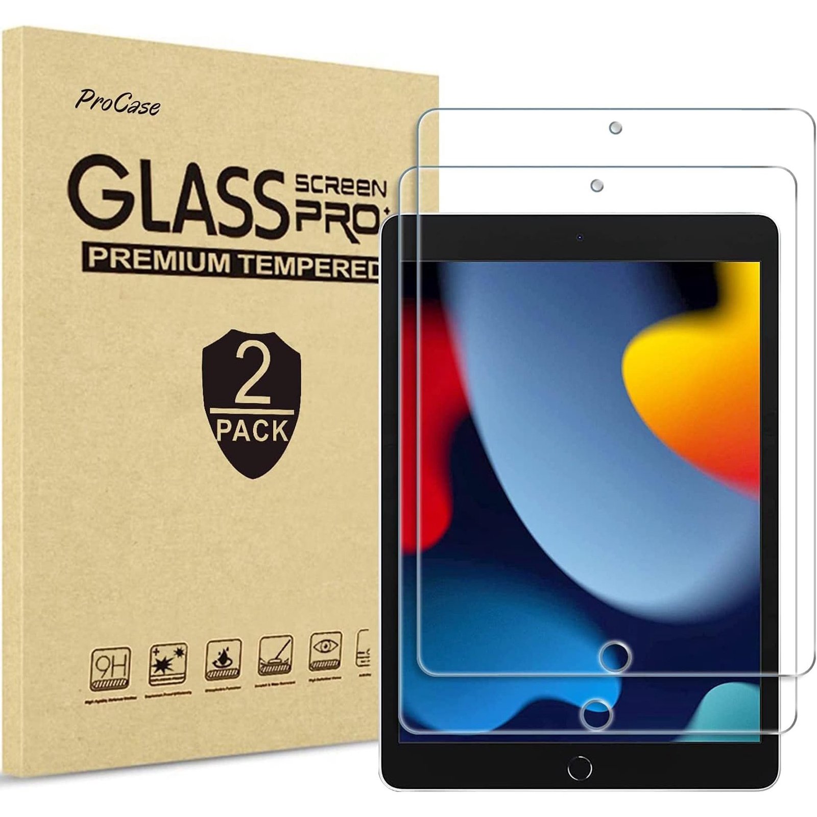 ProCase 2 Pack Screen Protector for iPad 10.2 9th Generation 2021/ 8th 2020/ 7th 2019, Tempered Glass Screen Film Guard for iPad 10.2 inch -Clear product image