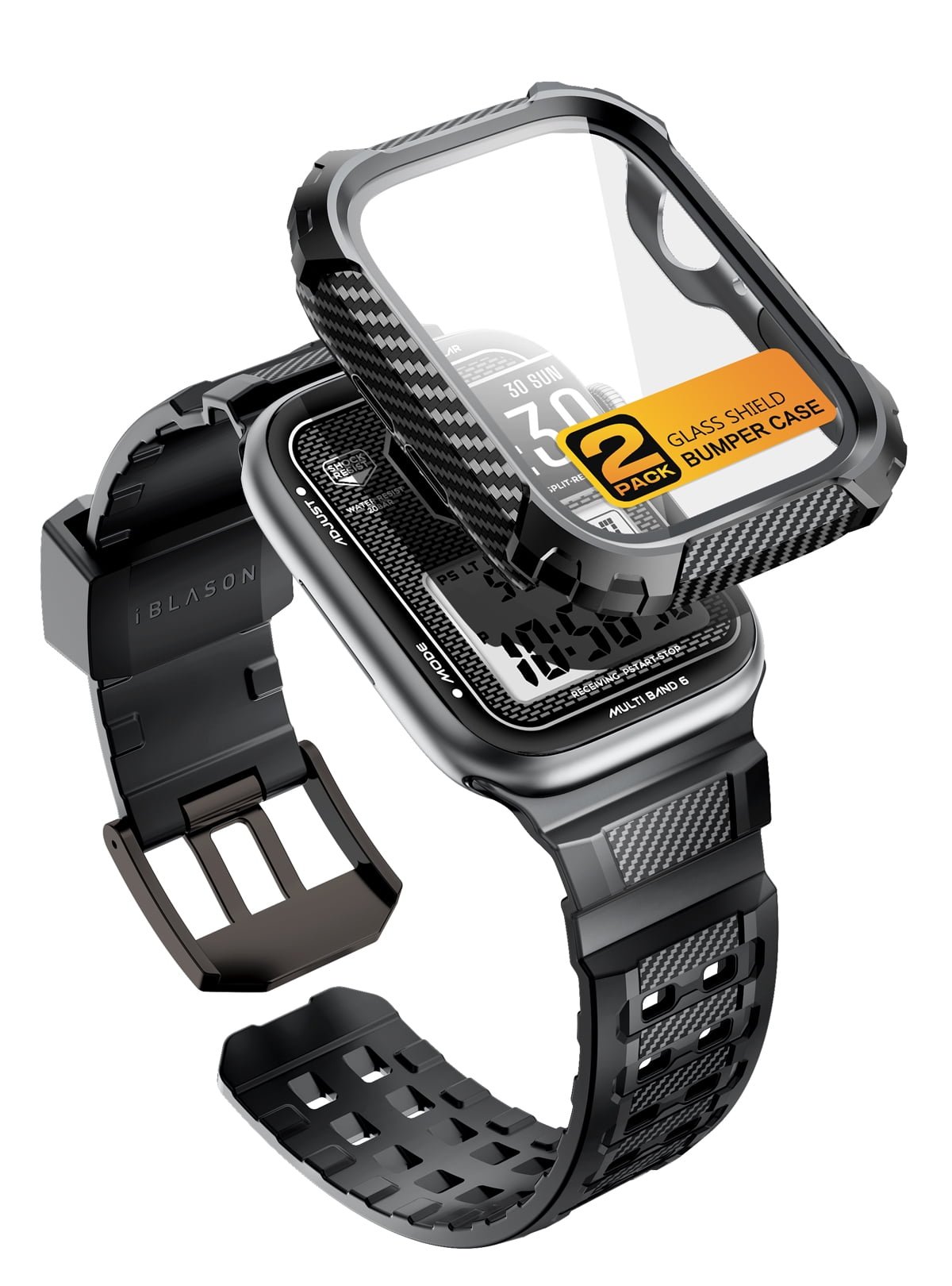 i-Blason for Apple Watch SE 3 44mm Case with Band Multiuse [2X Tempered Glass Screen Protector] [Military Protection] Sport Shockproof Rugged Bumper Band Case for Apple Watch Series 9/8/7 45mm (Black) product image