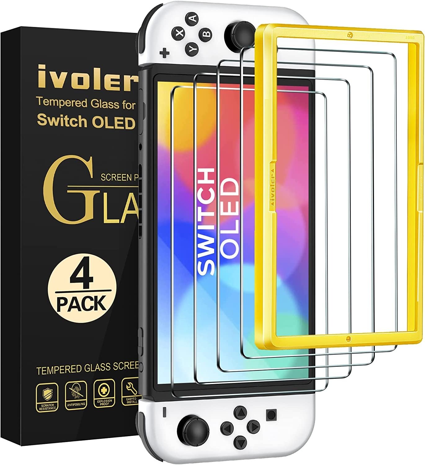 ivoler 4-Pack Tempered Glass Screen Protector Designed for Nintendo Switch OLED Model 2021&2023 with [Alignment Frame] Transparent HD Clear[Updated Version] Screen Protector for Switch OLED 7'' product image
