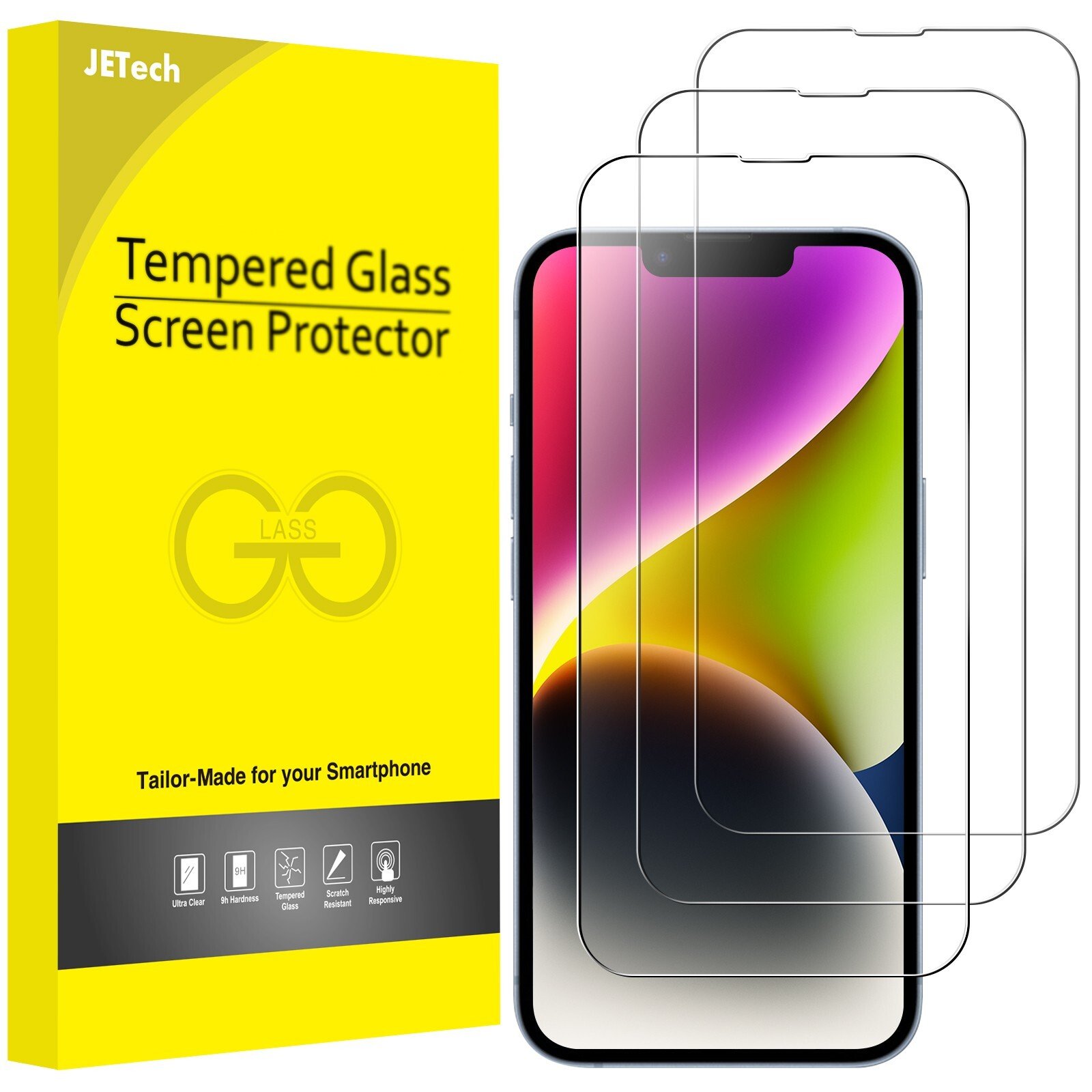 JETech Full Coverage Screen Protector for iPhone 14 Plus 6.7-Inch, 9H Tempered Glass Film Case-Friendly, HD Clear, 3-Pack product image