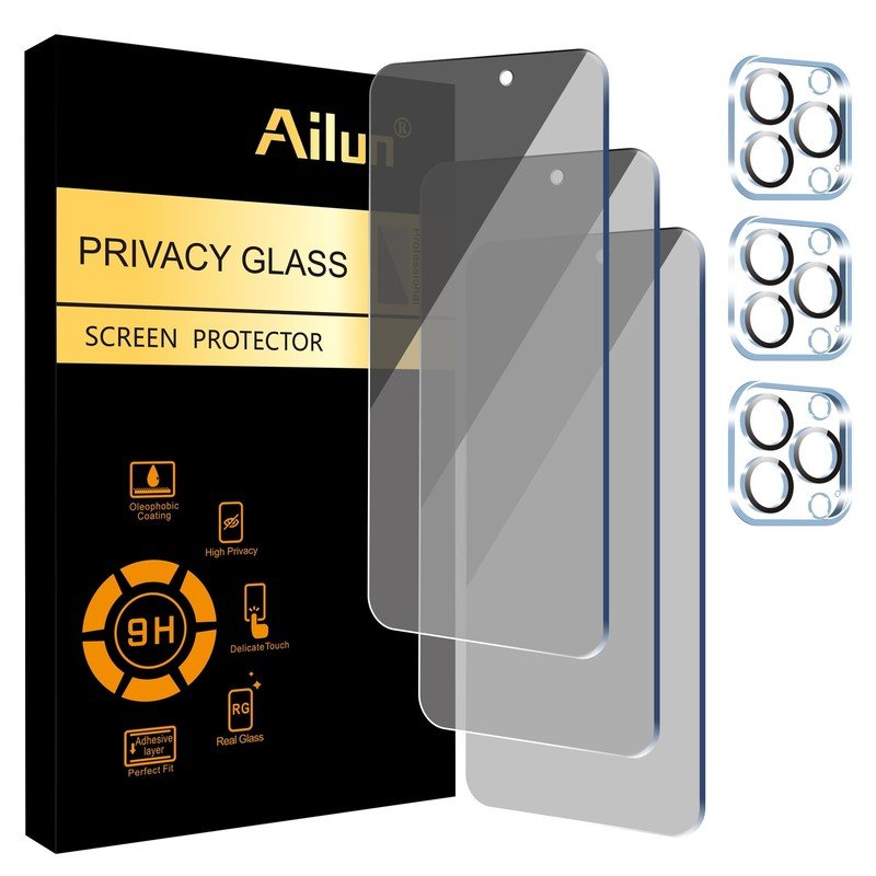 Ailun 3Pack Privacy Screen Protector for iPhone 15 Pro Max [6.7 inch]+3Pack Camera Lens Protector with Installation Frame,Dynamic Island Compatible,Anti Spy Tempered Glass[9H Hardness]-HD product image