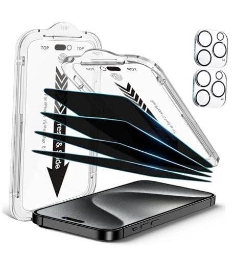 Milomdoi 3 Pack Privacy Screen Protector for Apple iPhone 15 Pro Max with 3 Pack Tempered Glass Camera Lens Protector, Ultra 9H Accessories, Case Friendly, Mounting Frame, 2.5D Curved, Black product image