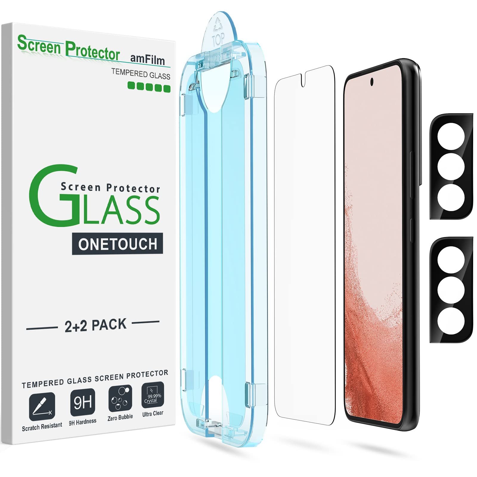 amFilm OneTouch Screen Protector for Samsung Galaxy S22 Plus 6.6 inch, 9H Hardness with Camera Lens Protector, Bubble Free, Tempered Glass, 2 Pack product image