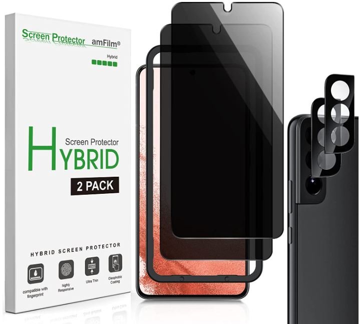 amFilm Privacy Screen Protector for Samsung Galaxy S22 Plus 5G 6.6 inch with 2 Pack Camera Lens Protector, Anti Spy, Fingerprint ID Compatible, Easy Installation, Hybrid, 2+2 Pack product image