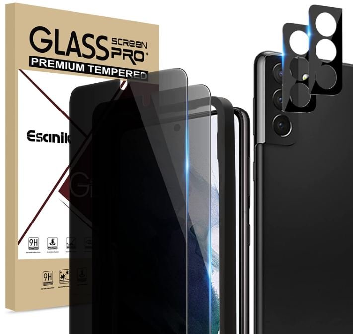 Esanik [2+2 Pack] Privacy Screen Protector for Samsung Galaxy S22+/S22 Plus 5G 6.6-inch [NOT for S22 Ultra/S22 5G] Anti Spy PET Film with Easy Installation Frame + Camera Lens Protector Fingerprint ID Compatible product image