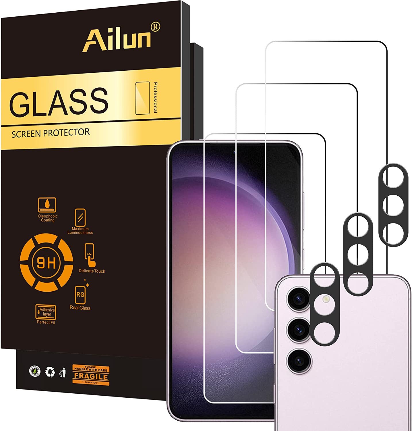 Ailun Screen Protector for Samsung Galaxy S23 5G 6.1 Inch [3 Pack] + Camera Lens Protector [3 Pack], 9H Tempered Glass, [Fingerprint Unlock Compatible] product image