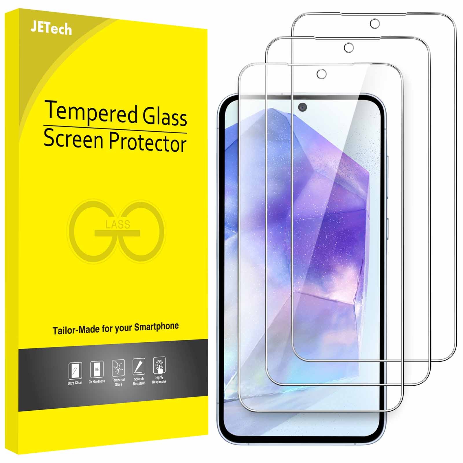 JETech Screen Protector for Samsung Galaxy A55 5G 6.6-Inch, 9H Tempered Glass Film, Anti-Scratch, HD Clear, 3-Pack product image