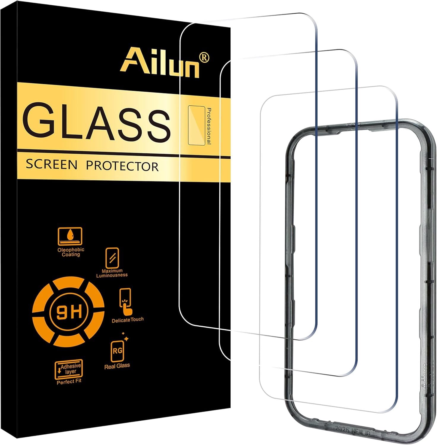 Ailun 3 Pack Screen Protector for iPhone 15 Plus [6.7 inch] + 3 Pack Camera Lens Protector with Installation Frame, Case Friendly Tempered Glass Film, [9H Hardness] - HD product image