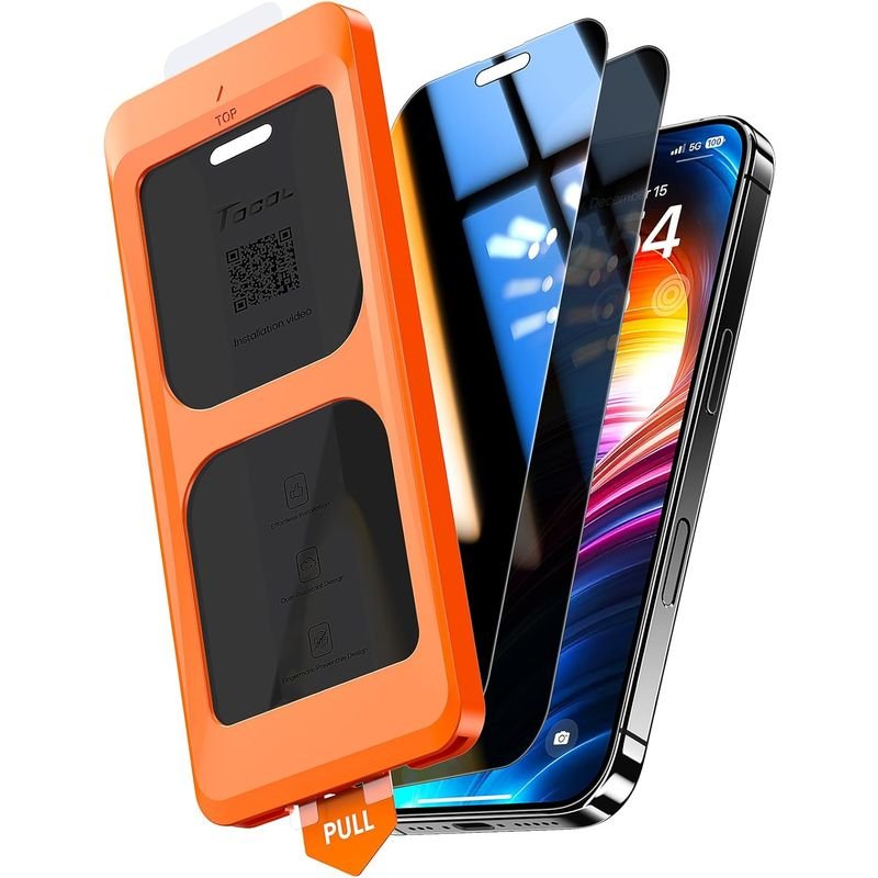 TOCOL for iPhone 16 Plus 15 Plus Privacy Screen Protector True 25°Anti Spy 9H+ Hardness Tempered Glass Full Coverage Screen Protector Easy Installation 2 Pack product image