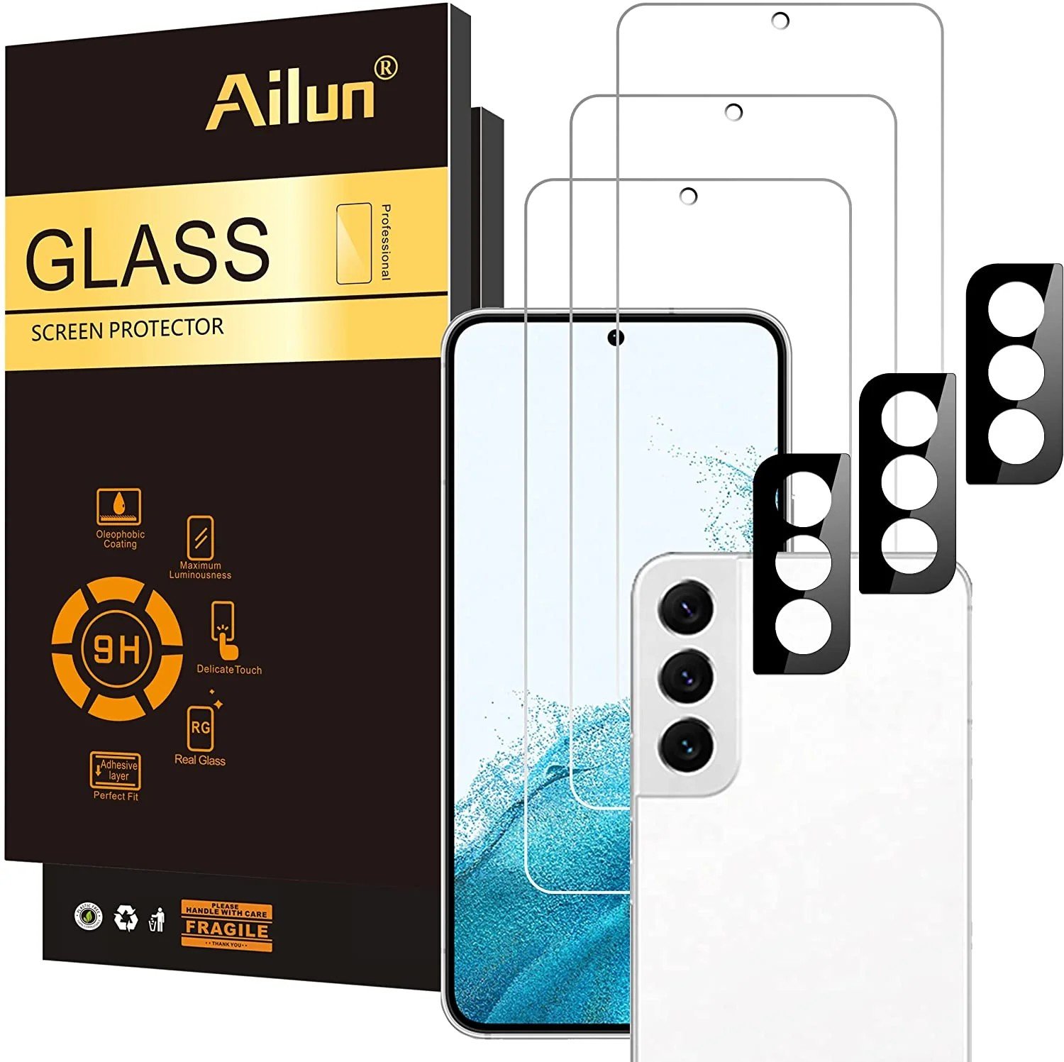 Ailun Tempered Glass Screen Protector for Galaxy S22 - 3 Pack Screen Protectors + 3 Pack Camera Lens Protectors - Fingerprint Unlock Compatible, Clear Case Friendly product image