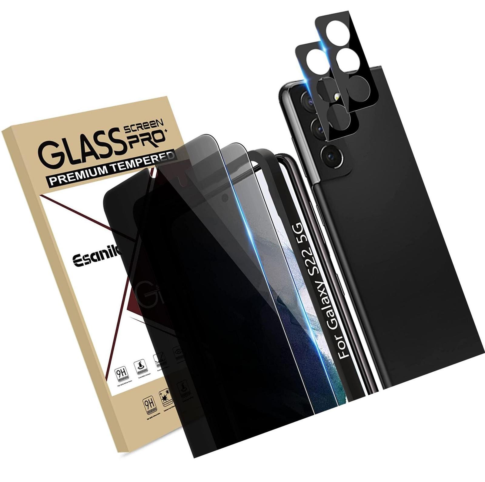 Esanik [2+2 Pack] Privacy Screen Protector for Samsung Galaxy S22 5G 6.1-inch [NOT for S22 Plus/Ultra] Anti Spy PET Film with Easy Installation Frame + Camera Lens Protector Fingerprint ID Compatible product image