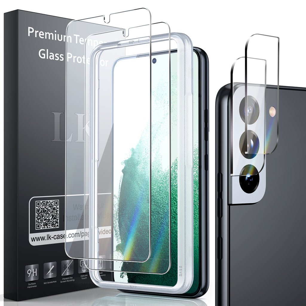 LK 2 Pack Samsung Galaxy S22 5G Screen Protector & 2 Pack Galaxy S22 Camera Lens Protector with Alignment Frame, 9H Tempered Glass, HD, Anti-Shatter, Bubble-Proof, Case-Friendly, 6.1-Inch product image