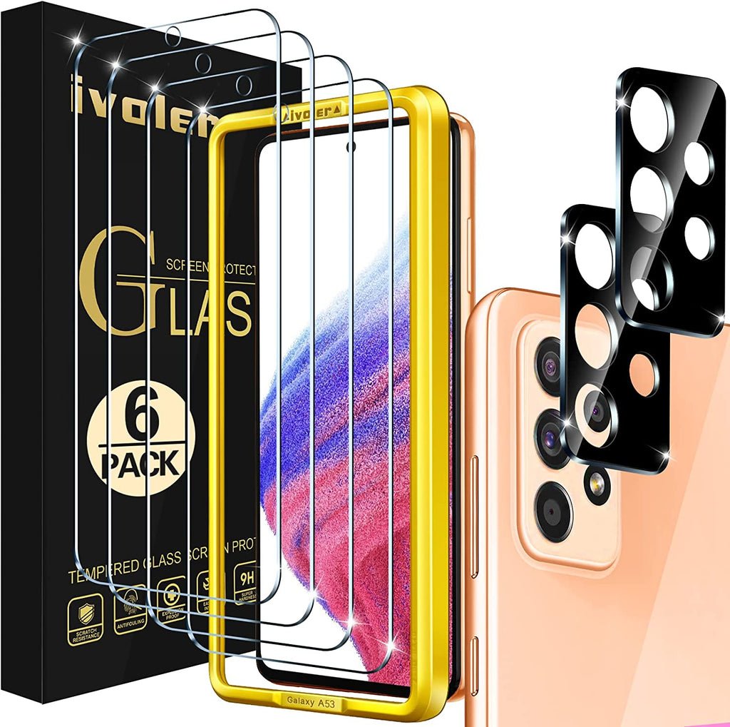 ivoler [4+2 Pack] Screen Protector for Samsung Galaxy A53 5G 6.5" 2022 [4 Pack] with [2 Pack] Camera Lens Protector Tempered Glass with [Alignment Frame] Transparent HD Clear Anti-Scratch product image